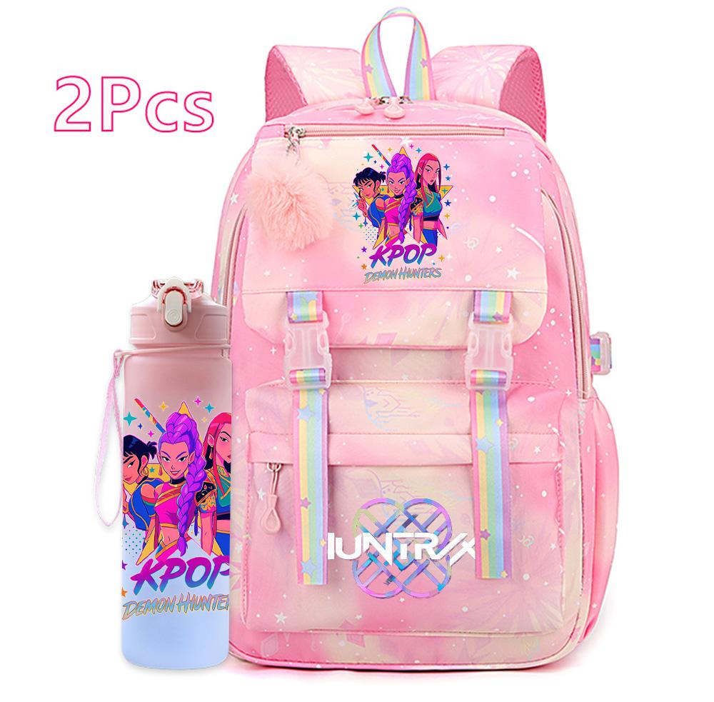 2Pcs/set New Anime Kpop Printed Backpack with 750Ml Water Bottler Large Capacity Travel Bag for Teenager Girl Boy Bookbag Kid Gift Large Capacity Bag