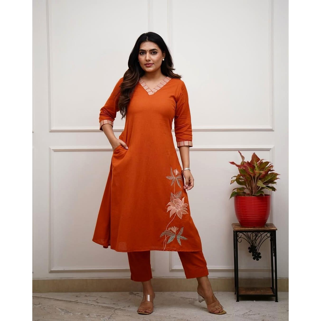 Beautiful Embroidery Office Wear Cotton Kurti Pant Set Indian Designer Kurta Set