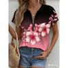 Summer Women's Short Sleeved T-shirt Fashionable and Elegant Zipper V-neck Color Blocked Printed T-shirt Large Size