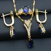 Blue Crystal Luxury Jewelry Bridal Set for Women Long Water Drop Pendant Necklace Earrings Ring for Weddings Parties Zircon