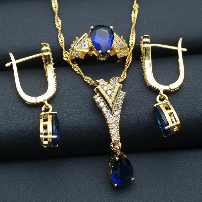 Blue Crystal Luxury Jewelry Bridal Set for Women Long Water Drop Pendant Necklace Earrings Ring for Weddings Parties Zircon