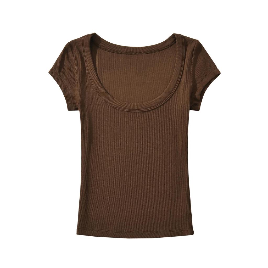 Damski letni dopasowany elastyczny top z krótkim rękawem, okrągłym dekoltem i wycięciem 2024