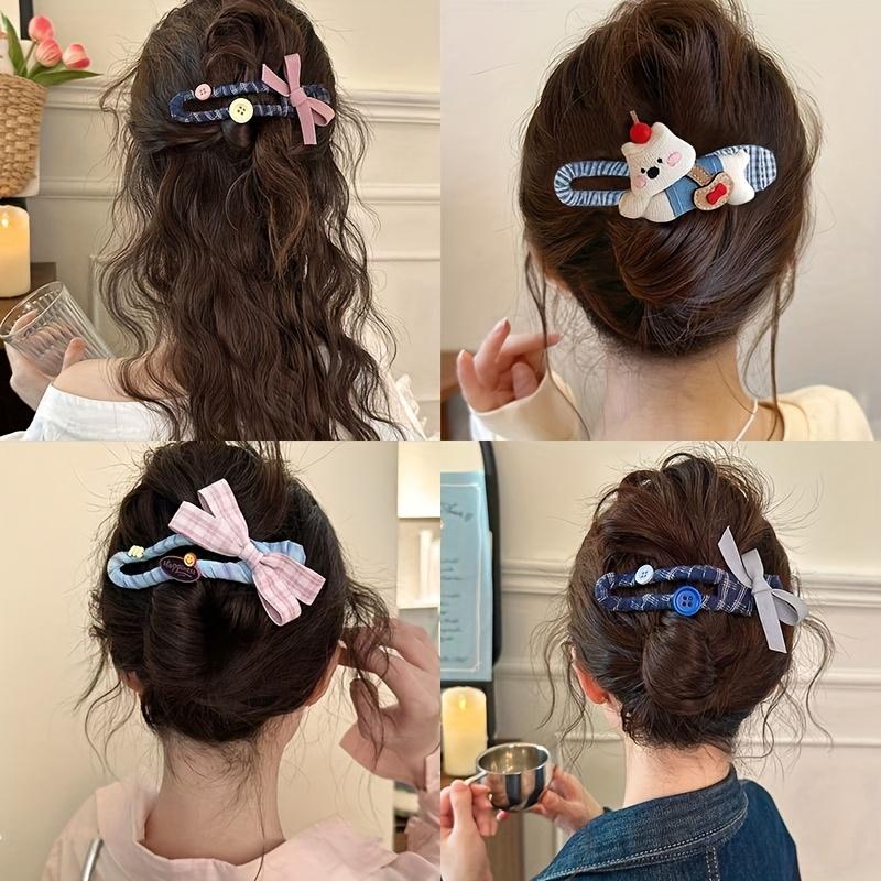 4pcs Women's Plaid Duckbill Hair Clips, Cute Puppy & Butterfly Decor, Ideal Daily Hair Accessories