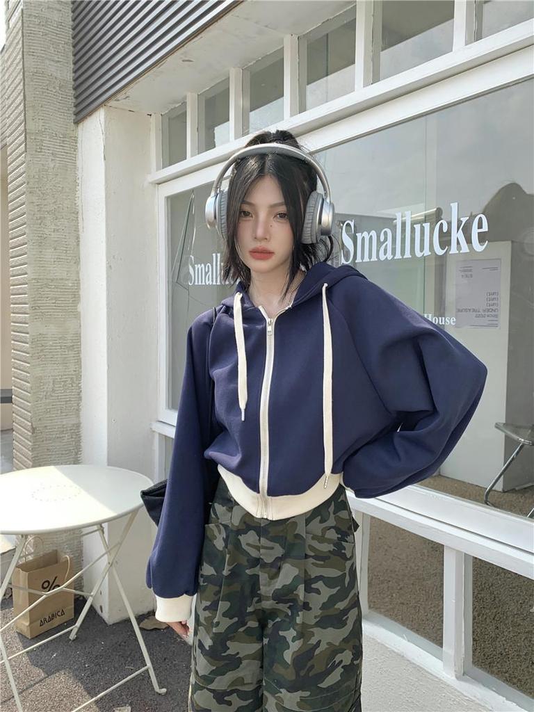 Korean Color Block Hooded Sweatshirt Jacket for Women - Autumn 2023: Short Drawstring Zipper Long Sleeve Top