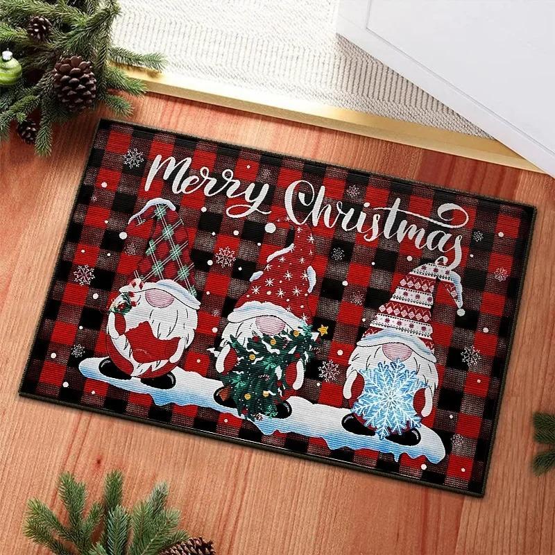 Festive Christmas Gnome Carpet Mat Traditional Red Plaid Rug Happy New Year Snowflakes Xmas Gift Home Decoration Floor Mats Rugs
