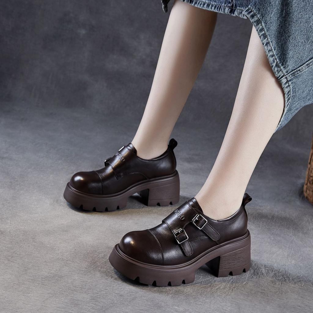 Damen Dicksohlige Höhenverstärkende Lederschuhe Britischer Stil Leichter Luxus Echtlederschuhe High-End Retro Slipper