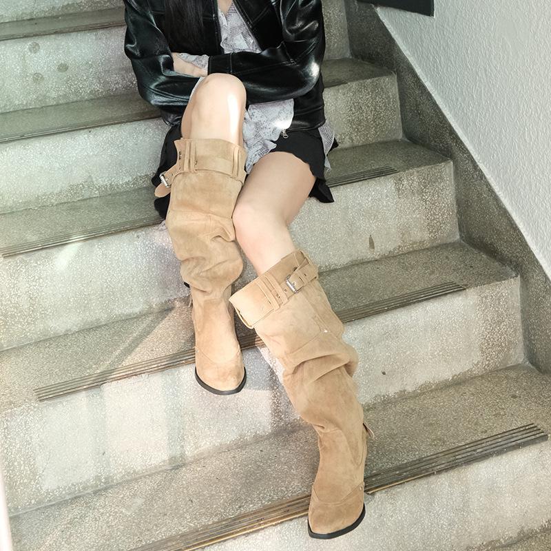 But Knee Boots Women's 2025 Autumn and Winter Khaki Suede Pointed Boots Children Thick Heel Thin Pleated Piled Boots