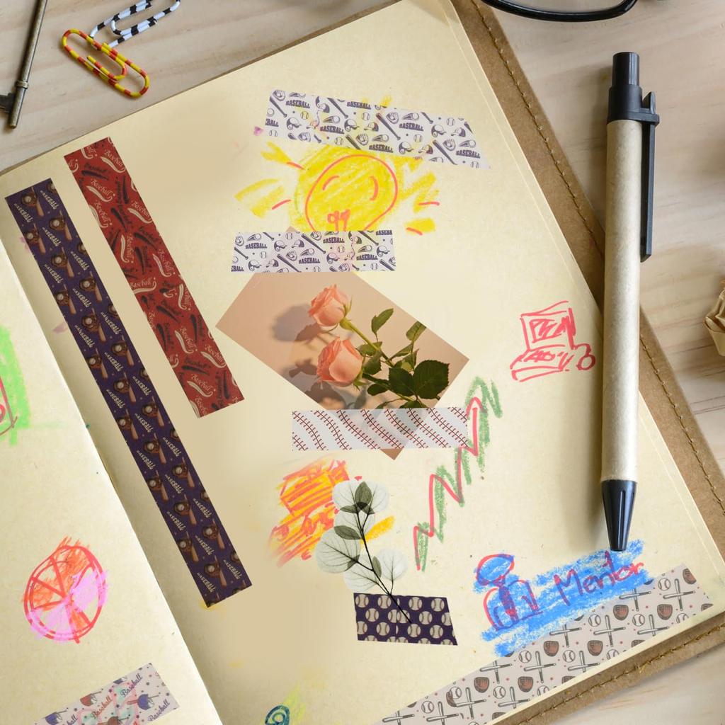 Ciieeo Baseball Masking Stylish Decorative Tape for Wrapping and Gift Wrapping Tape, Wide, Cute, Sports, Baseballs, Stickers, Paper, Stationery,