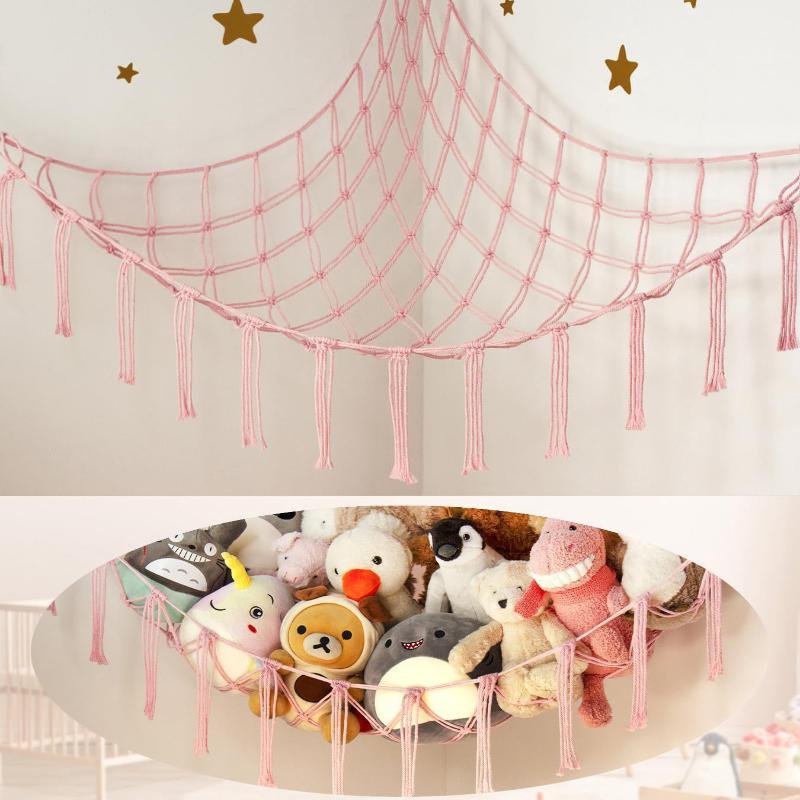 Boho Tassel Toy Hammock Wall Corner Hanging Storage Net Durable Cotton Woven Organizer for Kids Room Nursery Home Decor