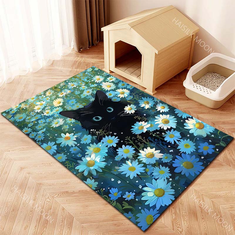 Multiple sizes Black cat amid blue daisies Print Carpet for Living Room Bedroom Sofa Home Decor Non-slip Mat Luxury Gift