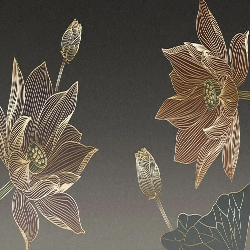Mural Line Drawing Lotus Flowers Wallpaper Light Luxury 3D Relief Carving Mural Living Room Background Wall Paper