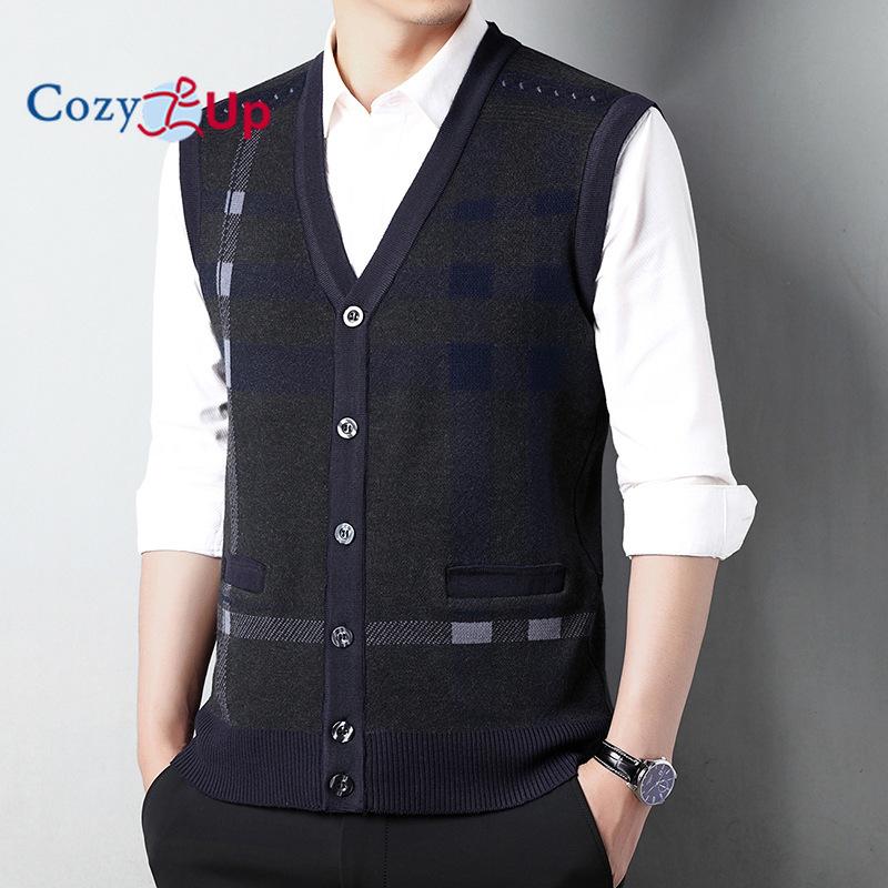 Cozy Up Pánská svetrová vesta bez rukávů s výstřihem do V Kabelová pletená vesta s knoflíkem dolů Cardigan