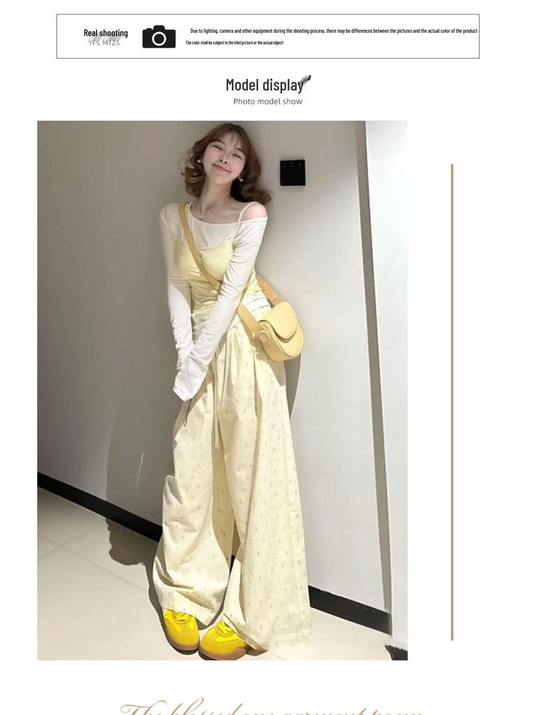 Dopamine Yellow Polka Dot High-Waisted Wide-Leg Pants for Women, Petite, Spring/Autumn 2025, Lightweight, Floor-Length
