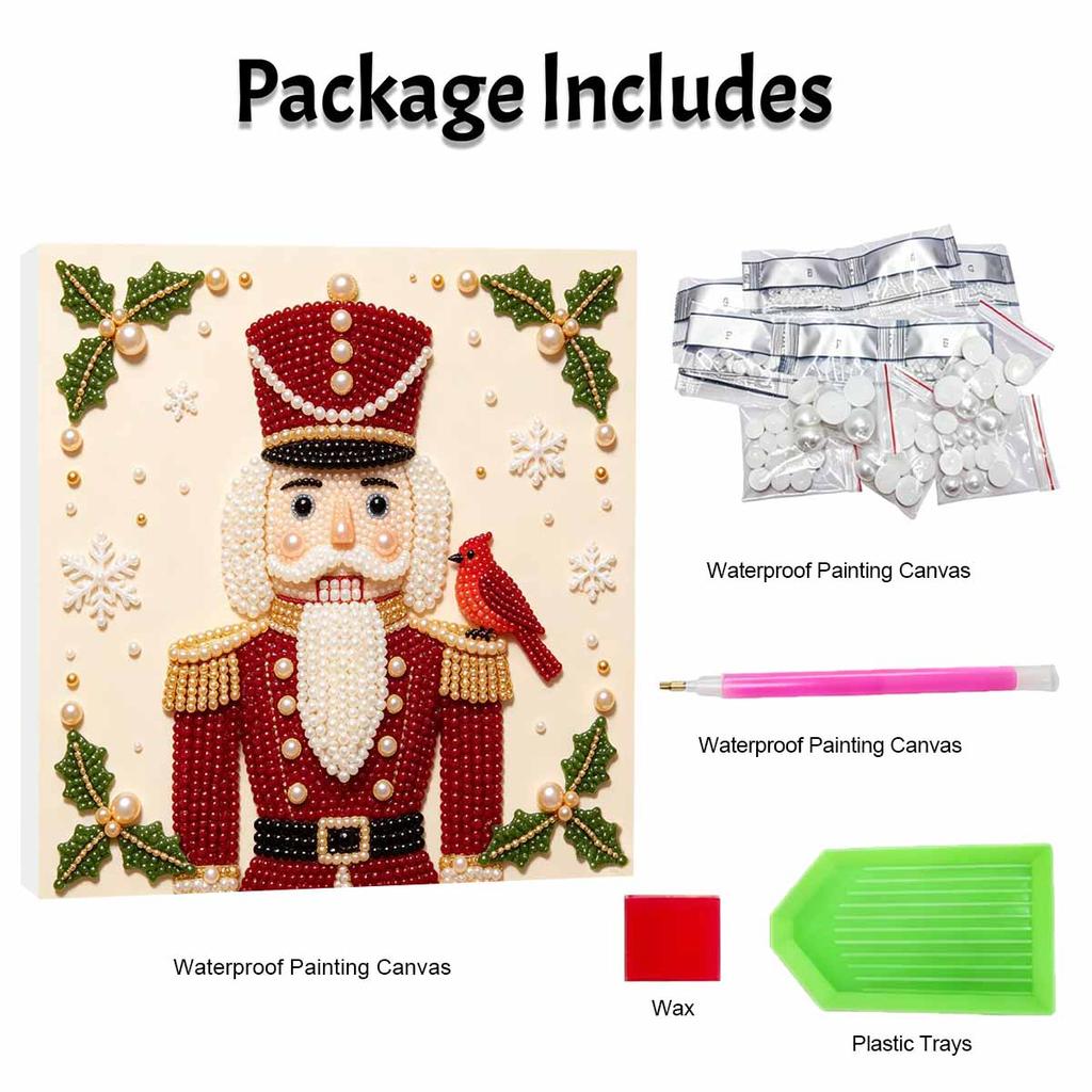 Handmade Framed Pearl Painting Set with Christmas Nutcracker and Bird Design 5D Shiny Bead Art Canvas Creative Craft for Home Wall Decor