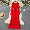 Gentle Wind Niche High-end Round Neck Long-sleeved Hollow Knitted Dress Women's Inner Suspender Skirt Stacked Two-piece Set