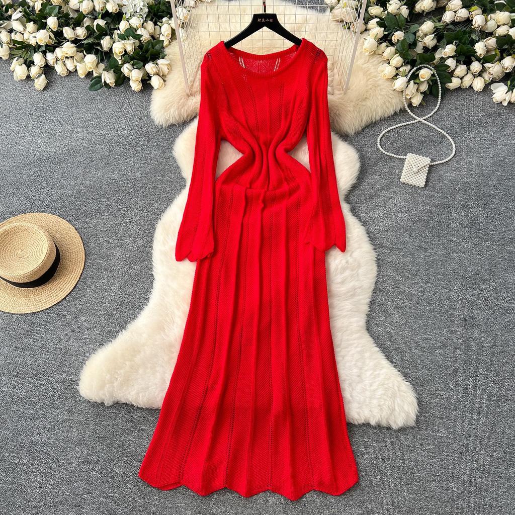 Gentle Wind Niche High-end Round Neck Long-sleeved Hollow Knitted Dress Women's Inner Suspender Skirt Stacked Two-piece Set