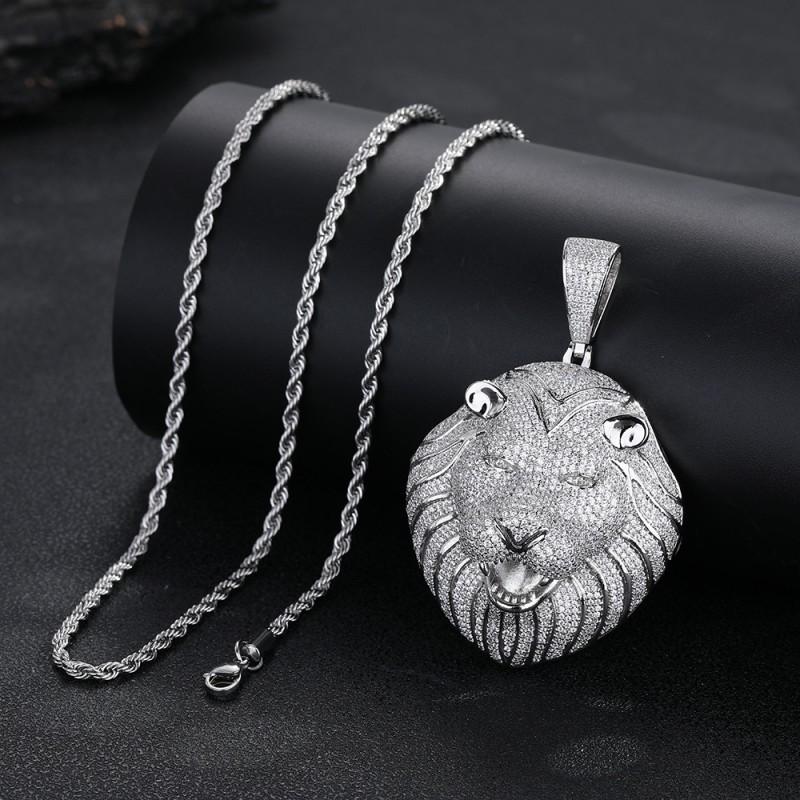 Lion Head Pendant Hip Hop Jewelry Micro Pave Zirconia Statement Necklace