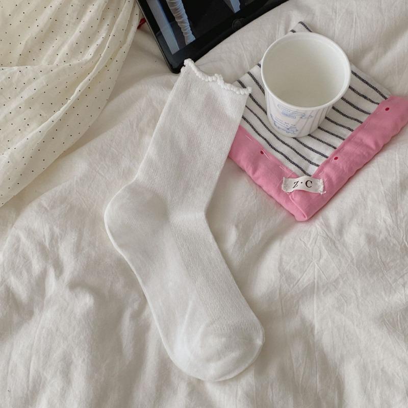 

Women s Summer Thin Versatile Solid Color Mesh Breathable Pearl Fungus Rim Mid Tube Stack Socks 1 pair білий