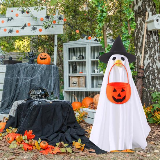Ghost Goose Outfit Halloween Porch Goose Clothes with Witch Hat And Pumpkin Bucket for 23" Goose Statue Outdoor Patio Yard Lawn Decoration