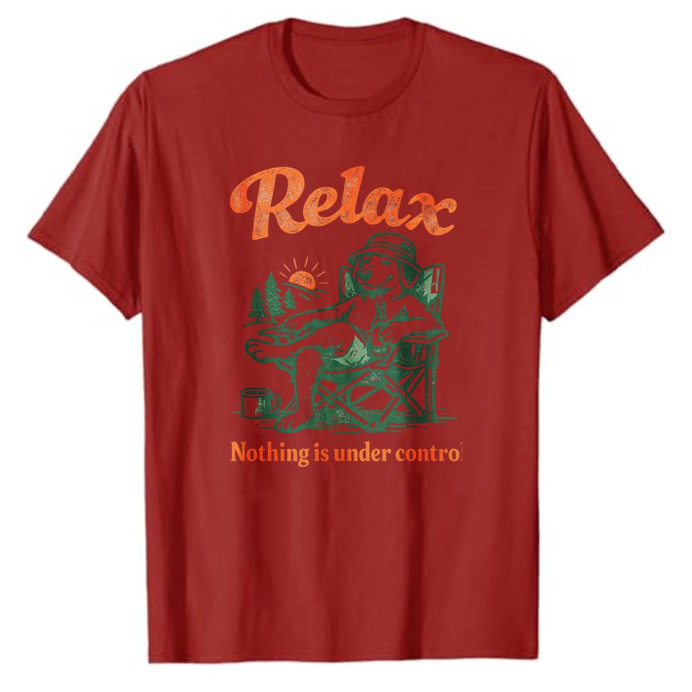 Retro Relax Nothing Is Under Control Bear Camping Forest Sunset Graphic Unisex Cotton T Shirt Print Outdoor Leisure Casual Tees
