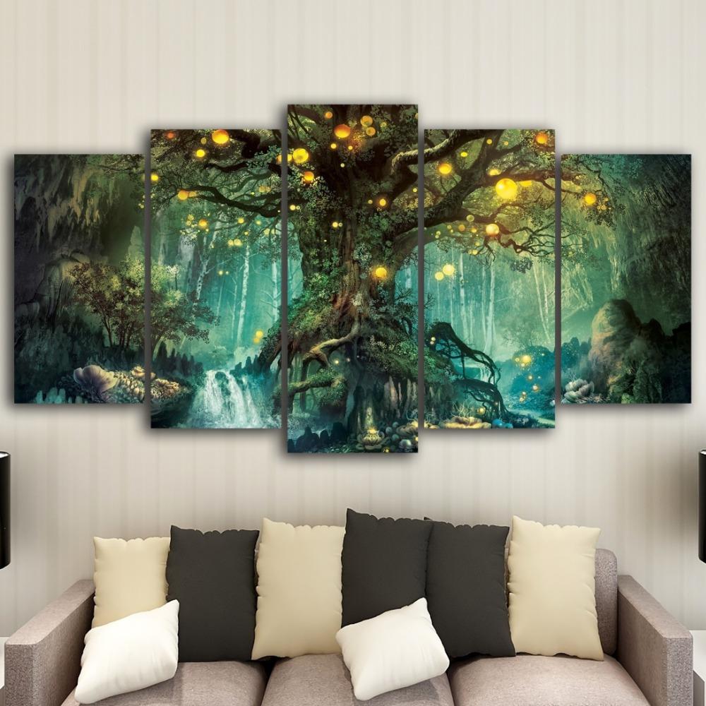 Paintings Canvas Wall Art 5 Pieces Enchanted Tree Scenery HD Printed Modular Vintage Pictures For Living Room Home Decor