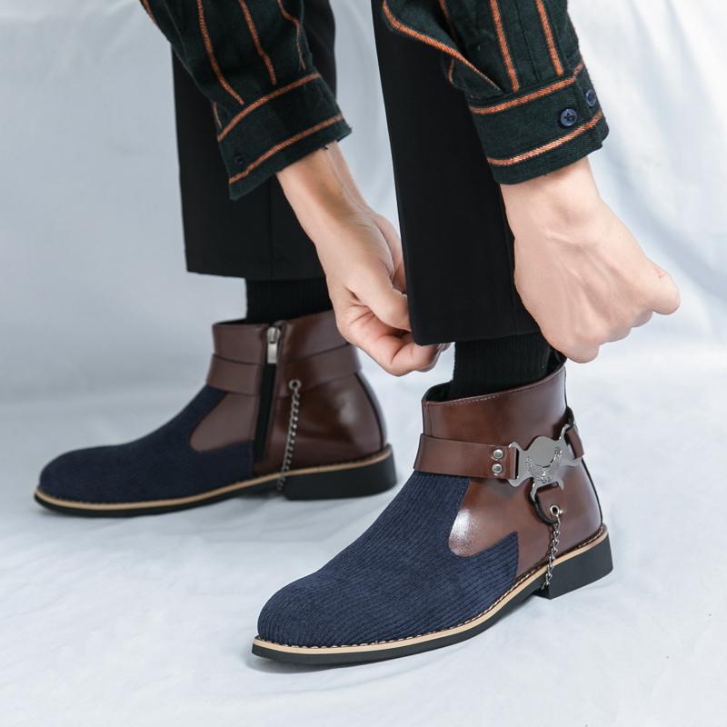 Fashion Men Retro Chelsea Boots PU Beige Blue High Top Shoes European Style Business Classic Fashion Formal Boots Size 38-48 Men Boots