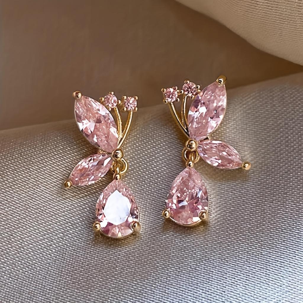 Pair Fashionable Elegant Exquisite Butterfly Bow Glass Inlaid Earrings for Women Daily Commuting Dating Gift