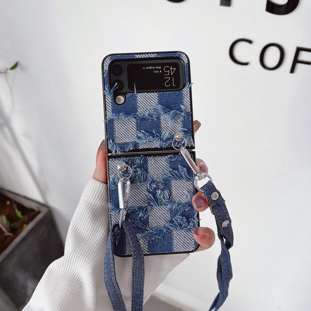 Applicable to Samsung Z Flip3 oblique span denim folding mobile phone case P50Pocket lanyard anti-drop zflip4 leather case