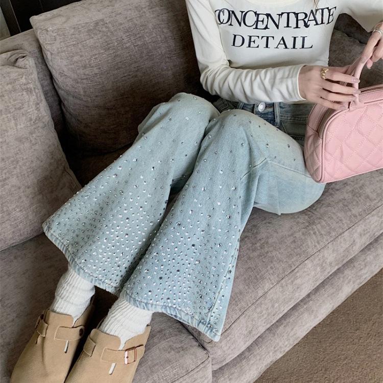 

Retro High-Waisted Rhinestone Wide-Leg Jeans for Women - Spring/Summer Loose Slimming Floor-Length Pants XS