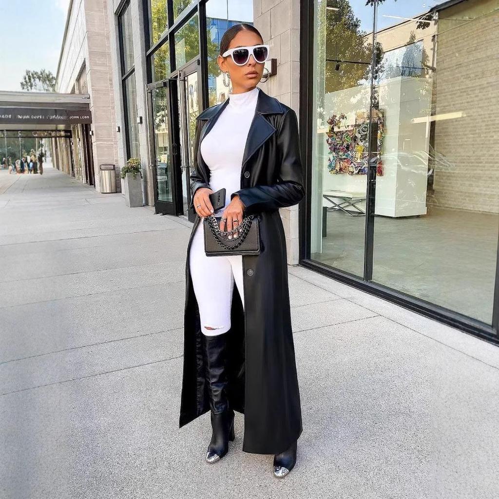 LD2271 Women's Autumn/Winter Long Leather Lapel Cardigan - Buttoned, Warm, Trendy Streetwear Jacket