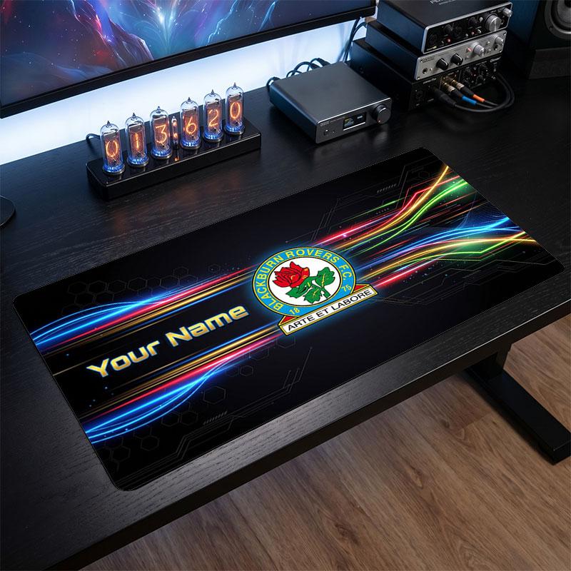 Blackburn Rovers FC Custom Large Mouse Pad, Personalized Name Text Print, Football Logo Non‑Slip Desk Mat Gaming Gift