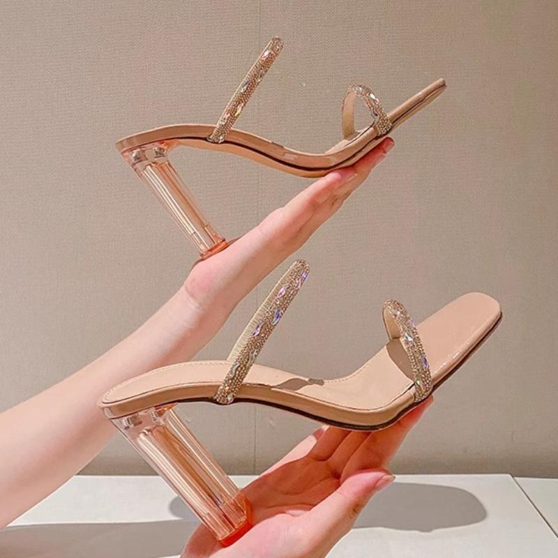 Fashion Women's Slippers 2025 Summer New Fashion Open Toed Rhinestone High Heel Slippers Female Transparent Heel Shoes for Women Zapatos