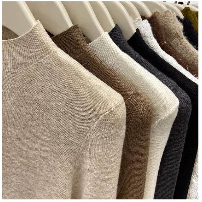 Autumn Winter New Semi-turtleneck Knitted Women Sweater Female Slim Fashion Elegant Pullover Thin Inner Bottoming Shirt Solid Loose Casual Simple Tops