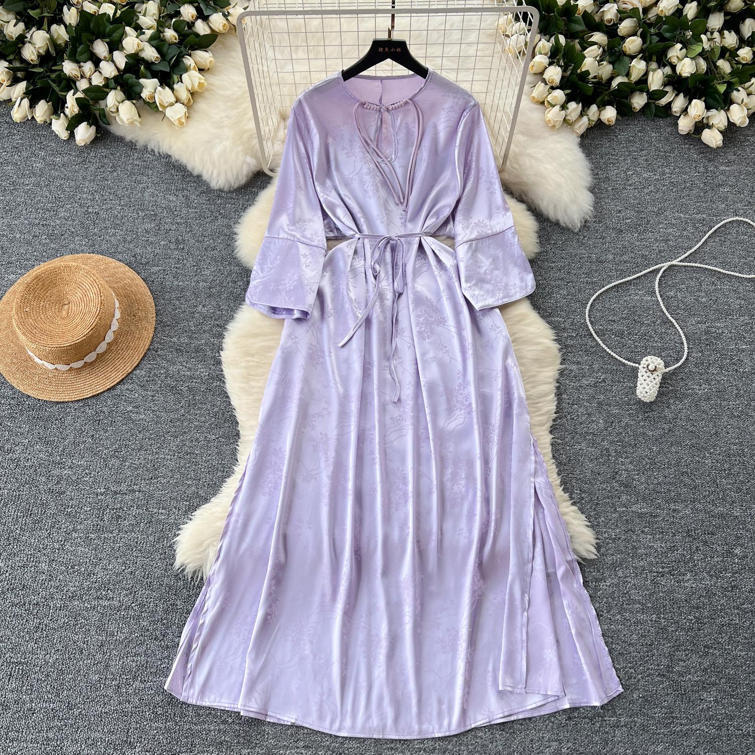 

Чи вирізаний круглим вирізом зі шнурівкою, вільна розділена мила сукня, фея, повсякденна сукня трапеції, літні жіночі сукні для пляжної відпустки One Size фіолетовий