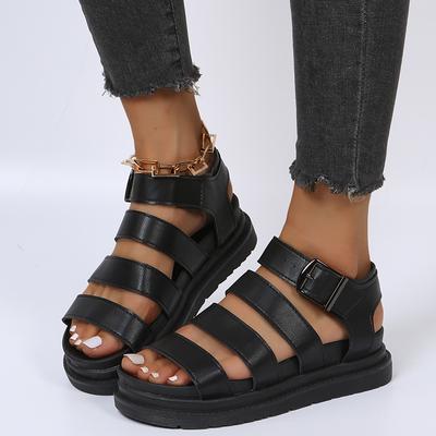Fashion Black Open Toe Flatform Wedges Shoes Woman Summer Beach Sandals Sexy Women Plus Size PU Leather Sandalias Mujer Sapato Feminino