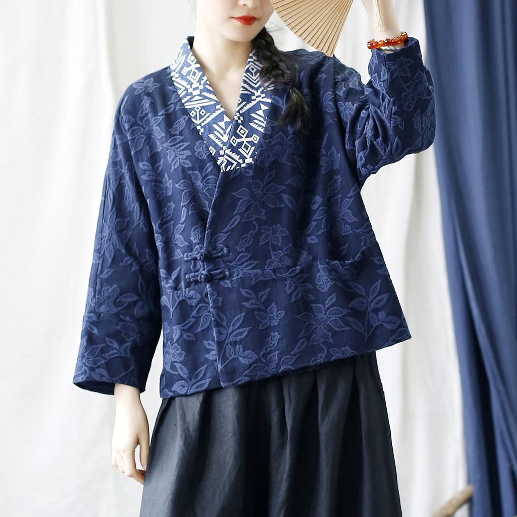 Johnature Women Vintage Jacquard Shirts V-Neck Long Sleeve Navy Blue Autumn Blouses Chinese Style Women Button Shirts