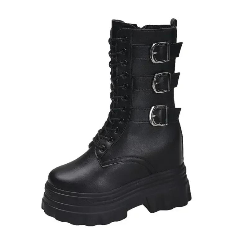Fashion Womens Mid-calf Boots Fashion Motorcycle Boots High Quality Casual Leather Booties 12cm Height Increase Platform Boots for Women