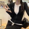 Women's Korean Style Colorblock Zip-Up Cardigan Long Sleeve T-Shirt - Autumn/Winter 2024 Slimming Top