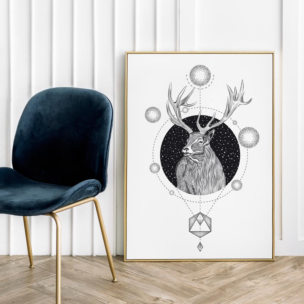 Affiche géométrique de cerf en noir et blanc