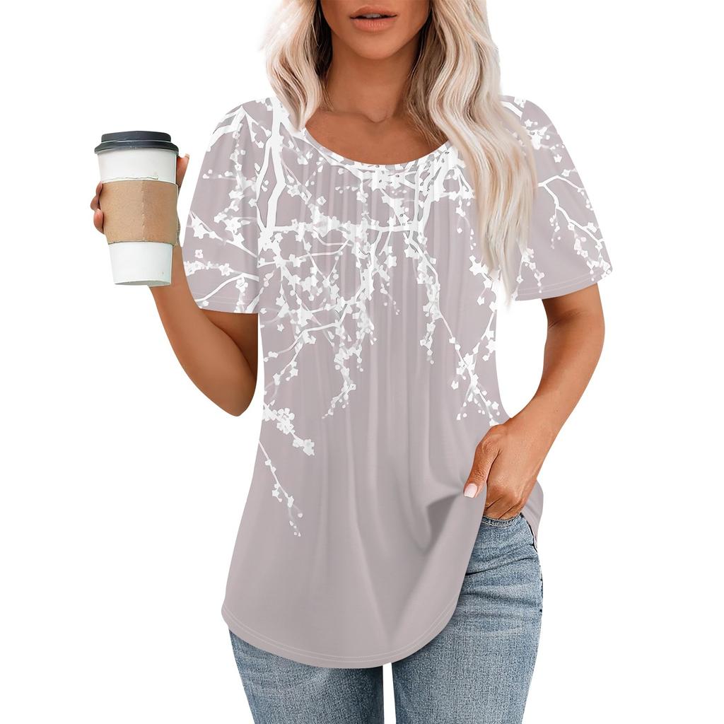 Women's Summer Fashion Casual Pleated Round Neck Print Short Sleeve T-Shirt Top