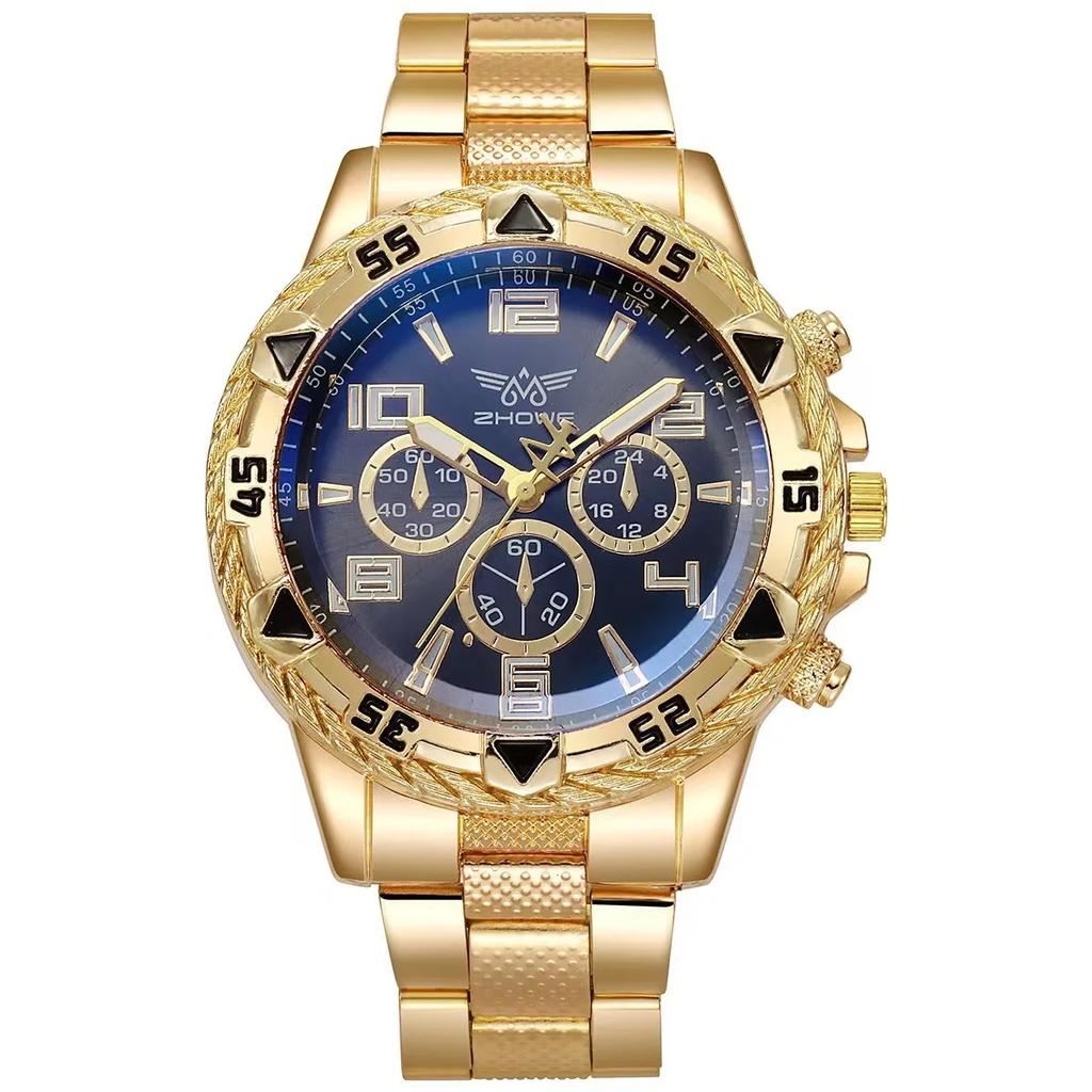 New Business Leisure Fashion Large Dial Alloy Steel Strip Blue Light Three Eye Men's Quartz Watch