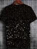 Men'S Casual Sports T-Shirt - Shiny Print Black And Golden White Stars, Breathable Short Sleeve, Washable Summer Casual Wear, Durable Comfortable