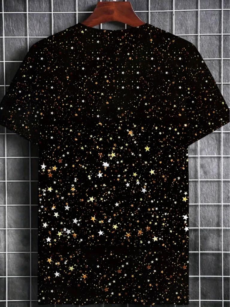 Men'S Casual Sports T-Shirt - Shiny Print Black And Golden White Stars, Breathable Short Sleeve, Washable Summer Casual Wear, Durable Comfortable