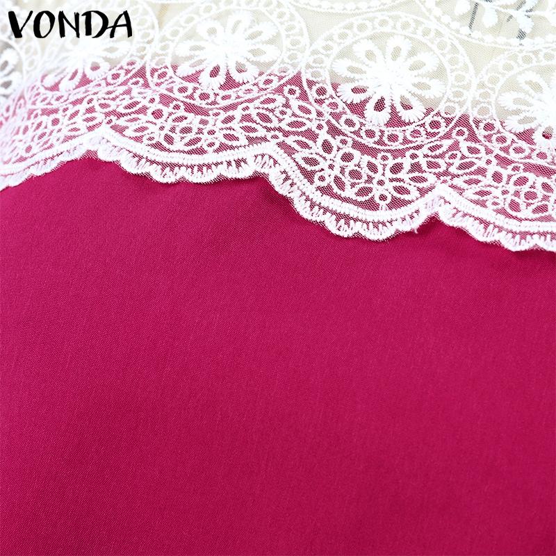 VONDA Summer Women Round Neck Long Sleeve Lace Patchwork Straight Mini Dress