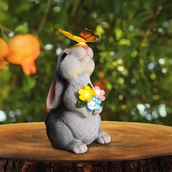 Outdoor Solar Rabbit Statue with LED Butterfly Bunny Figurine Patio Garden Waterproof Resin Yard Lawn