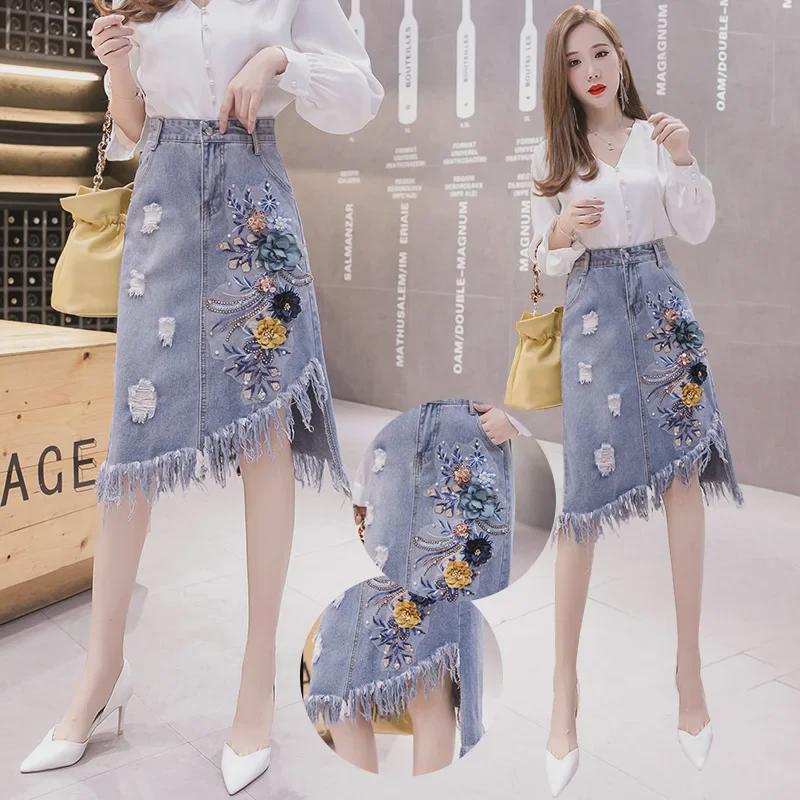 Spring/Summer 2024 Women's Mid-Length Denim Skirt with 3D Floral Tassels