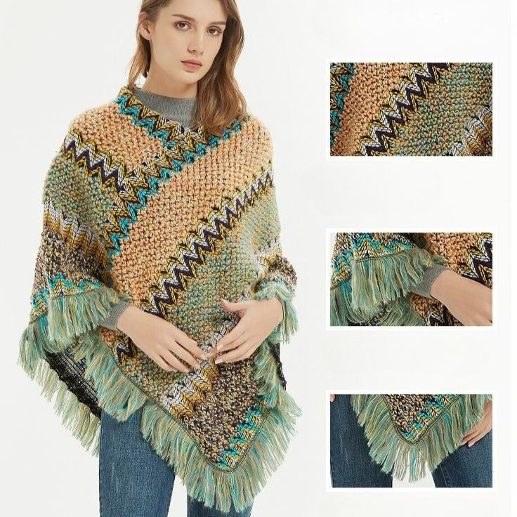 Women's Elegant Knitted Shawl Poncho with Fringed Lightweight V-Neck Pullover Poncho Sweater Cape Cozy Knit Poncho Sweater for Women Pullover Cardigan