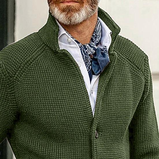 Stand Collar Long Sleeve Pockets Thickened Sweater Coat Men Autumn Winter Solid Color Buttons Placket Knitted Outerwear