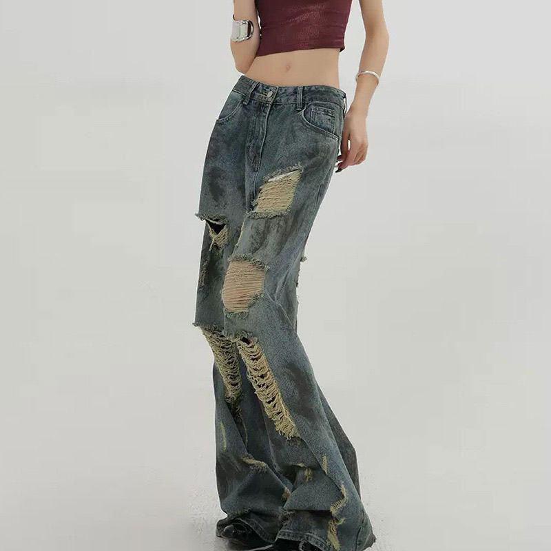 Women's High Waist Wide Leg Jeans Vintage Distressed Ripped Baggy Straight Leg American Plus Size Summer Denim Trousers