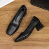 2025 Women's Black Soft Leather Square Toe Chunky Heel Formal Work Heels for Professional Attire